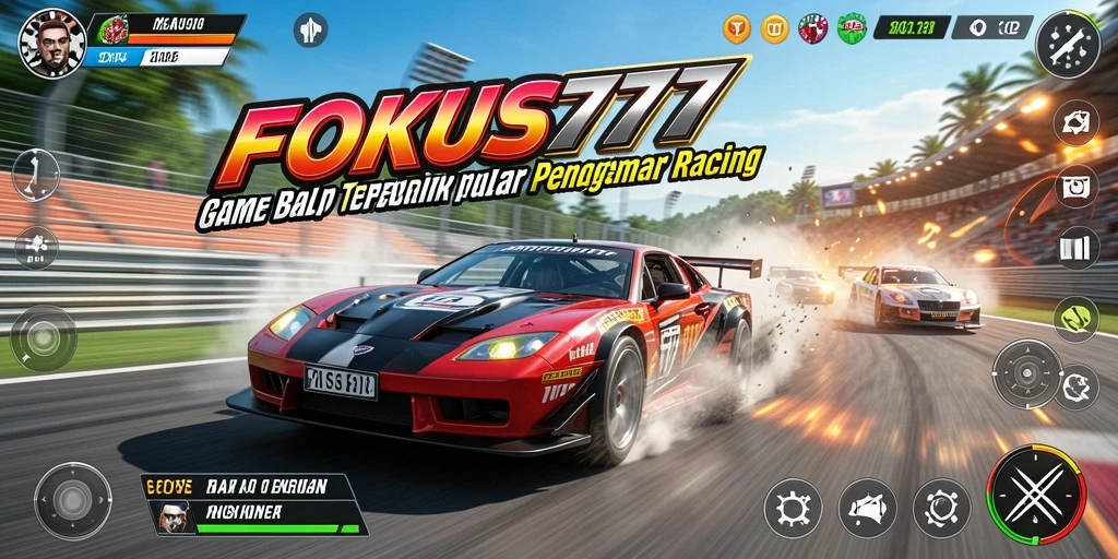 Tampilan gameplay seru FOKUS777 dengan mobil balap cepat.