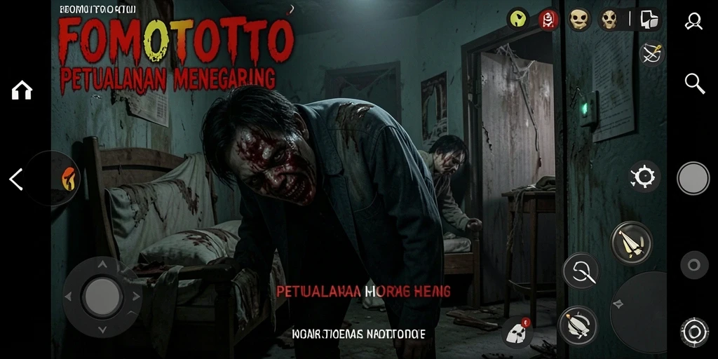 Screenshot gameplay FOMOTOTO menampilkan momen menegangkan saat menghadapi makhluk horor.