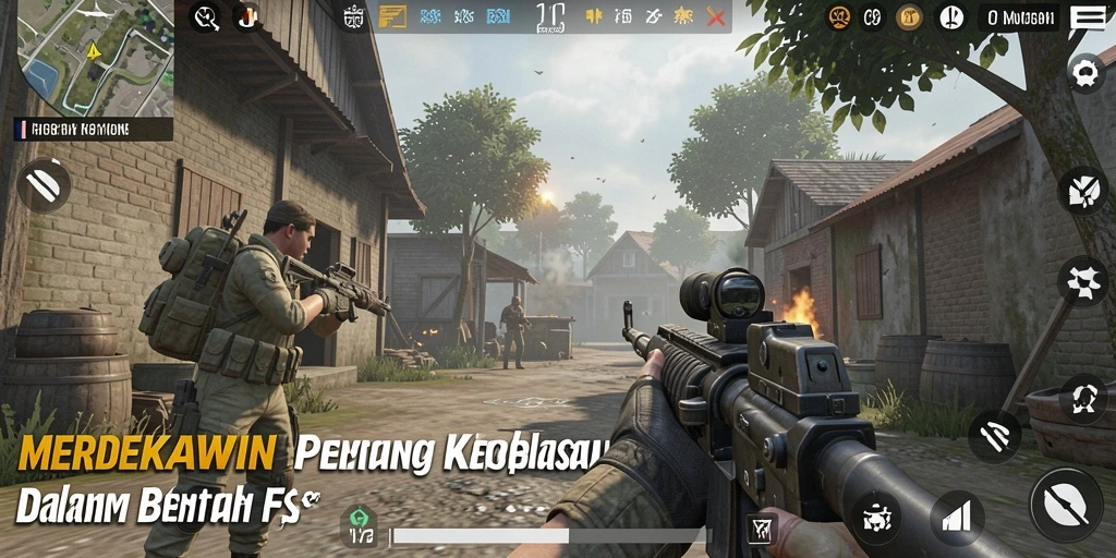 Screenshot gameplay MERDEKAWIN menampilkan aksi tembak-menembak yang menegangkan.