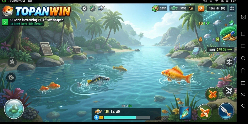 Screenshot gameplay TOPANWIN menampilkan keseruan memancing dan keindahan alam.
