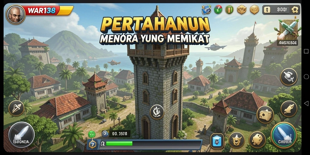 Screenshot WAR138 menampilkan strategi pertahanan dinamis dengan menara yang kuat.